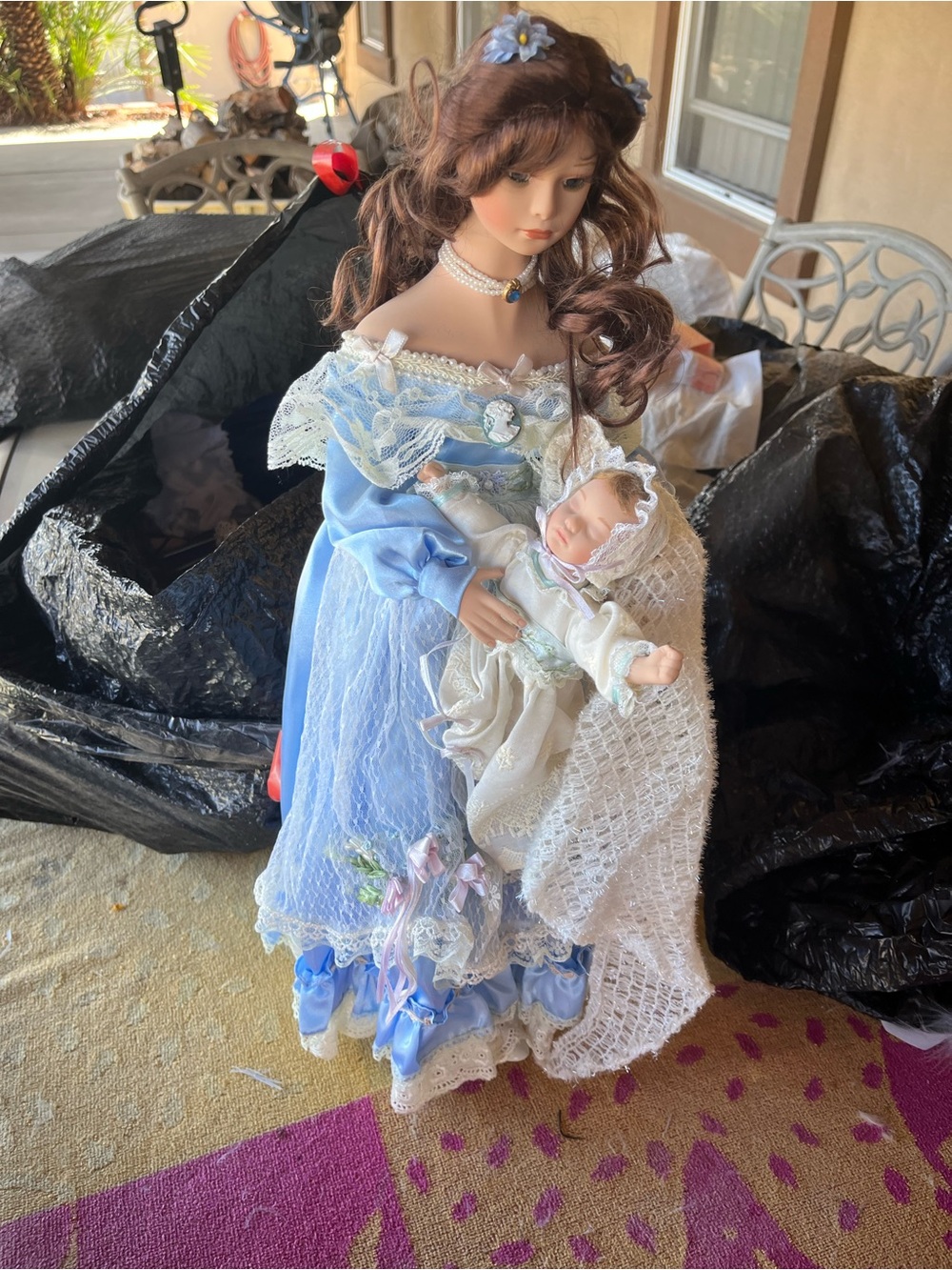 Porcelain Mother and Baby Doll Set in Blue and White